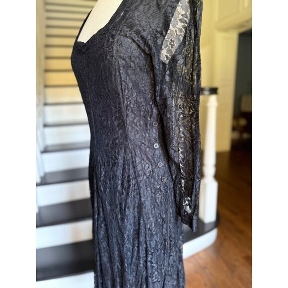 --SOLD--Vintage 90s Black Lace Bias Twirl Dress Whimsy Goth Shabby Chic Gypsy - Picture 7 of 11